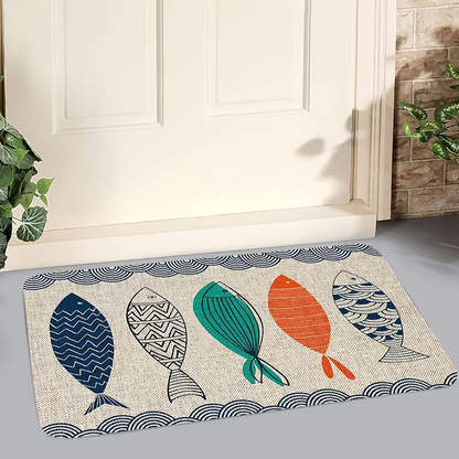 Colorful Fish Door Mat with Wave-Border Print, Flannel-Described Surface and 40 x 60cm or 50 x 80cm Sizes