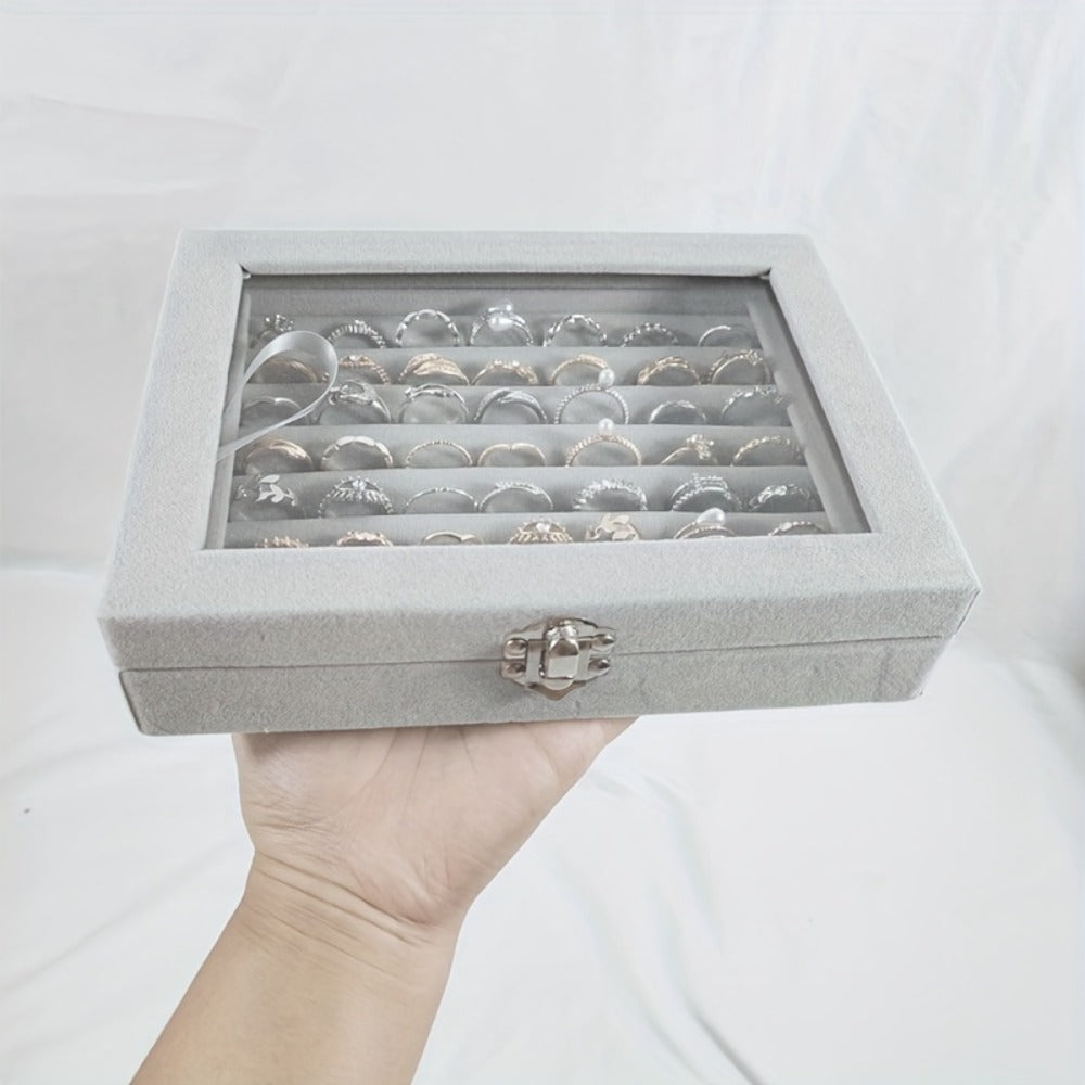 Jewelry Box with Locking Lid – 49-Ring Capacity Glass-Like Plastic Ring & Earring Organizer, Large Rectangular Storage Case, Waterproof Anti-Tarnish, 4 Colors, Holiday Gift