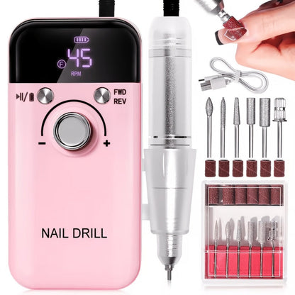 Electric Nail Drill 45000 RPM Rechargeable Kit with Bits, Sanding Bands and Three Model Color Options
