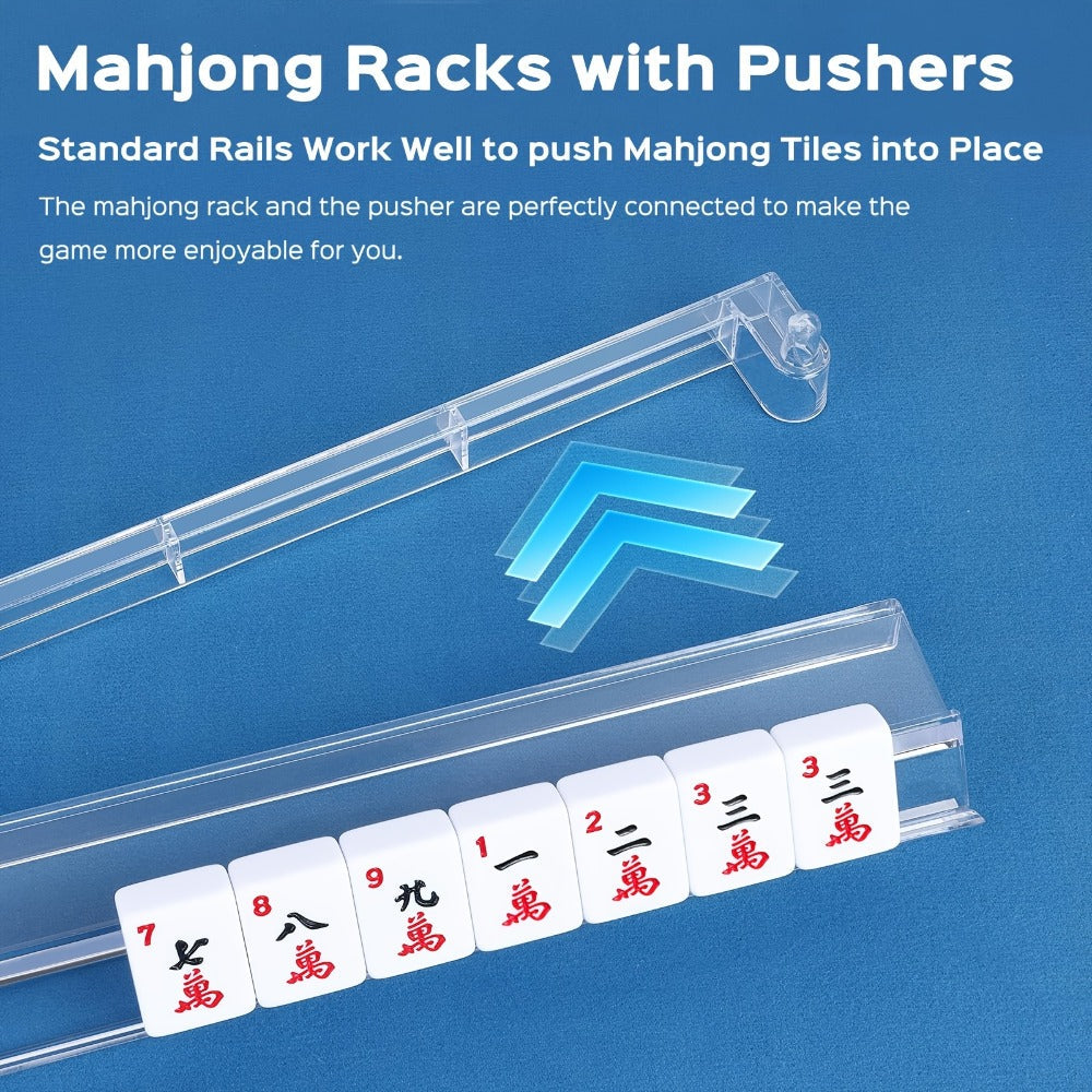 Four-Piece Clear Mahjong Tile Rack and Pusher Set with All-in-One Rail Design and Patterned Storage Bag