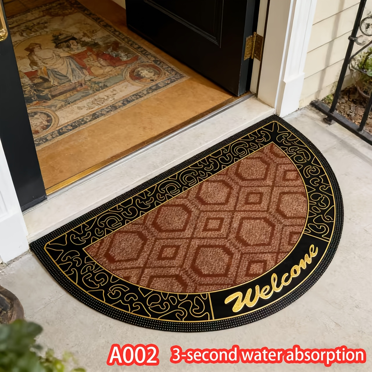 Textured Welcome Door Mat with Bordered Brown-and-Black Geometric Design in A001 or A002 Styles