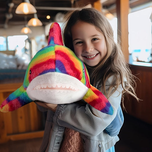 Stuffed Animal Rainbow Shark with Long Pillow Shape, Mixed Colors and Soft Plush Fabric for Room Decor