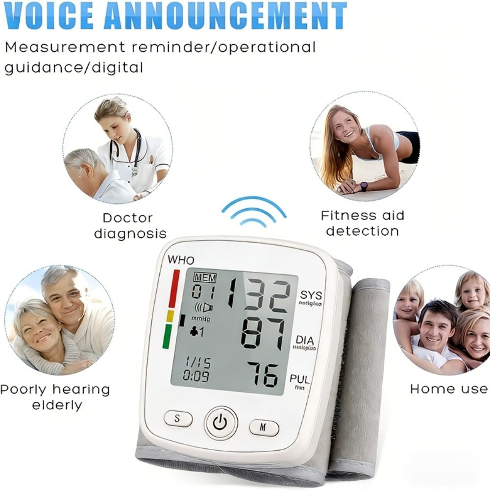 Blood Pressure Monitor Wrist Device with Rechargeable Power, Large LCD, Voice Readout and Two-User 198-Reading Memory