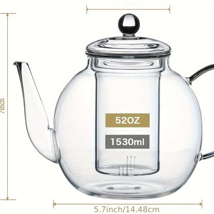 Glass Teapot with Removable Infuser 51oz Borosilicate Clear Tea Kettle Stovetop Safe for Loose Leaf Blooming Herbal & Flower Tea