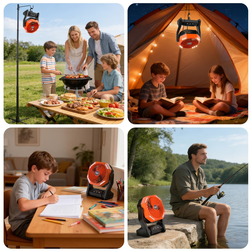 Camping Fan 20000mAh Tabletop and Hanging Fan with 4 Speeds, 3-Level LED Light and 180° Vertical Swing