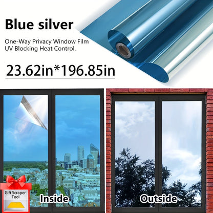 One Way Privacy Window Film Static Cling No Glue - Heat Control Anti-Glare Sun Blocking Reflective Mirror Tint for Home Office Hotel, Nano Ceramic 5Mil PVC, Easy Install Removable Window Privacy Film