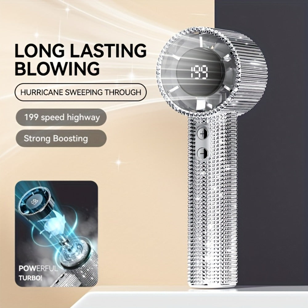Rhinestone Handheld Fan with USB-C Charging, Digital Display, 199 Levels and Optional Beige Headset
