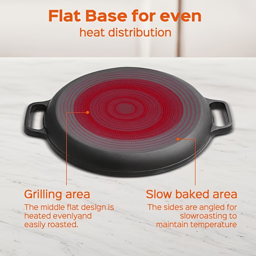 28cm Cast Iron Skillet with Dual Loop Handles and Broad Round Cooking Surface for Oven, Grill or Campfire Use