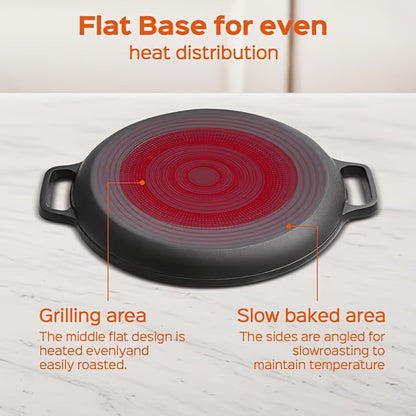 28cm Cast Iron Skillet with Dual Loop Handles and Broad Round Cooking Surface for Oven, Grill or Campfire Use