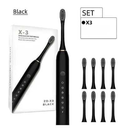 Electric Toothbrush Set with Eight Brush Heads, USB Charging, Soft Bristles and Pink, White or Black Handle