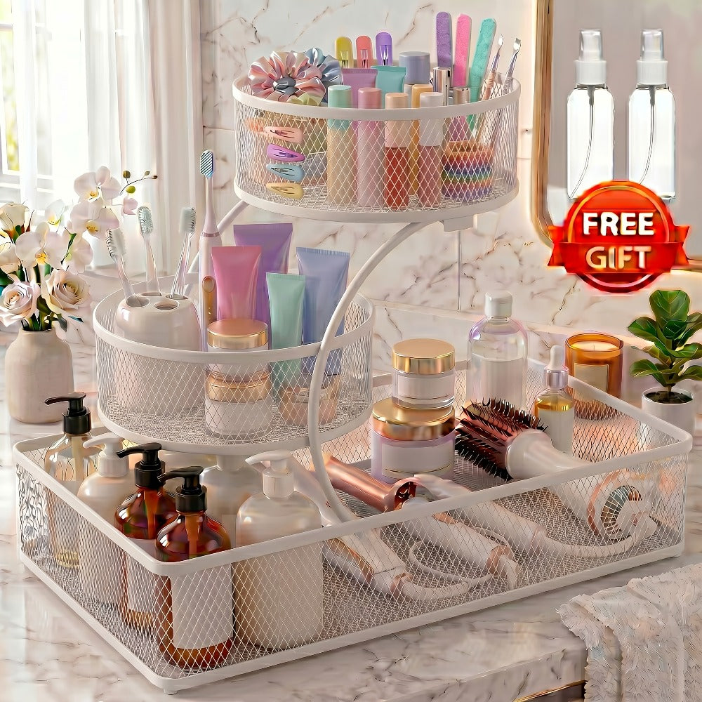 Bathroom Storage Rack 3-Tier Metal Countertop Organizer with Spray Bottle & Hooks – Rust-Resistant Diamond Mesh Shelf for Vanity, Skincare, Cosmetics & Toiletries