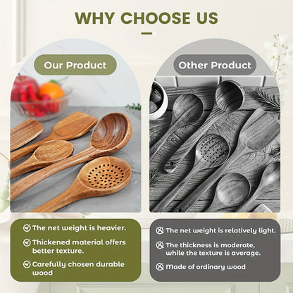 Wooden Kitchen Utensils Set 3/5/7Pcs – Natural Wood Spoons, Spurtle, Ladle & Wok Spatulas for Non-Stick Pans | Heat Resistant, Ergonomic Handle, Easy to Clean