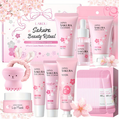 Cherry Blossom Sakura Skincare Gift Set Complete 9-Step Routine — Essence Cream Cleanser Toner Eye Cream Mud Mask Exfoliating Mask Eye Mask Lip Balm for Women Birthday Gift