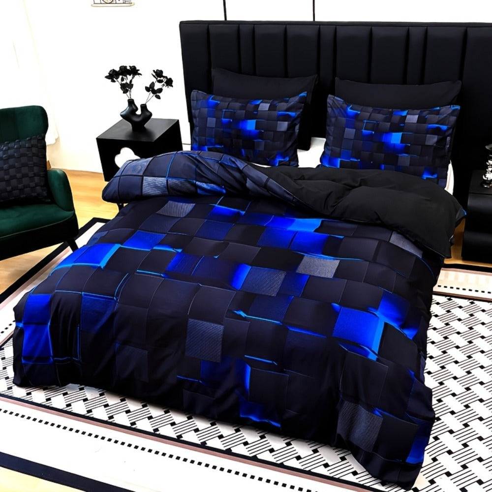 Three-Piece Plaid Duvet Cover Set with Two Pillowcases in Five Colors and Four Bed Sizes for Home and Everyday Use