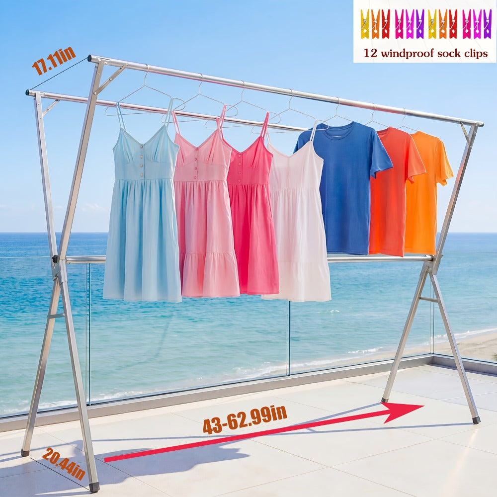 Clothes Drying Rack Collapsible Freestanding, Heavy Duty Stainless Steel Laundry Drying Rack Indoor Outdoor, Adjustable Garment Rack 63" & 79" with Clips