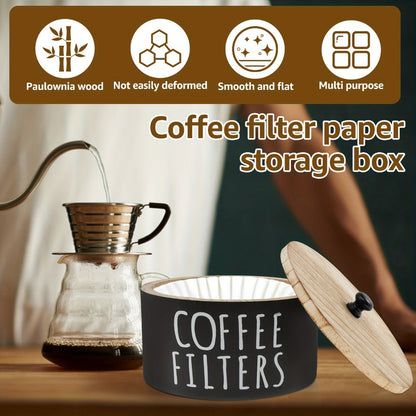 Wooden Coffee Filter Holder with Lid – Large Capacity Rustic Round Organizer Dispenser for Coffee Filters & Tea Bags, Bamboo Lid, Kitchen Countertop Coffee Bar Decor