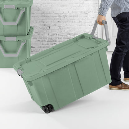 Two-Pack 40-Gallon Green Storage Bins with Latch Lids, Pull Handles and Rear Wheels for Bulk Organization