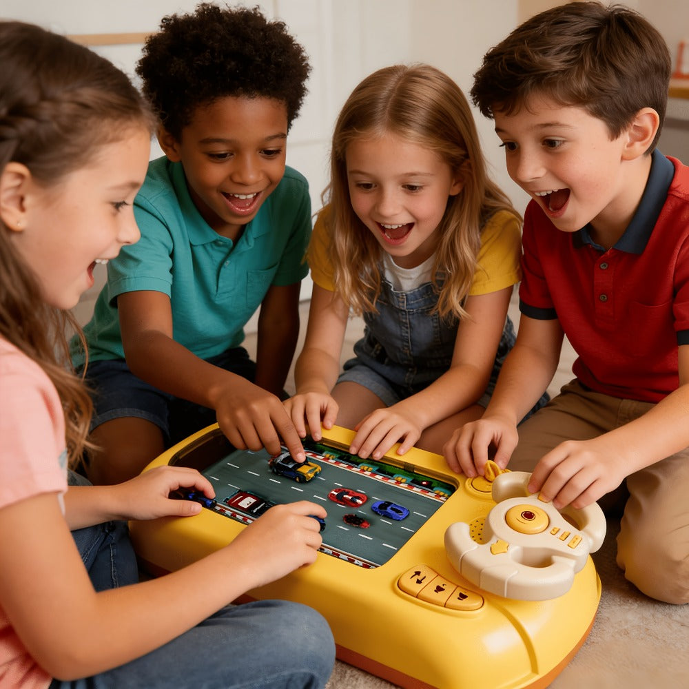 Electronic Racing Steering Wheel Game Toy with 200 Pictured Levels, Two Speeds and Yellow or Green Options