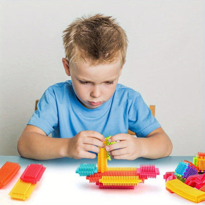 Building Block Set Bristle Construction Pieces, 150-Piece Colorful Interlocking Shapes with Storage Tub