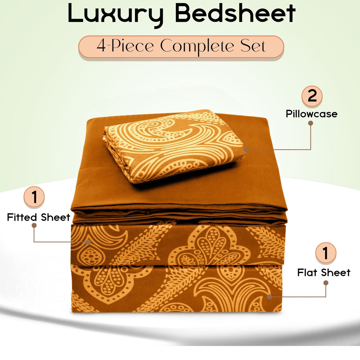 Bed Sheet Set Paisley Brushed Polyester in 4- or 6-Piece Sizing with 16-Inch Pocket and Wash Instructions
