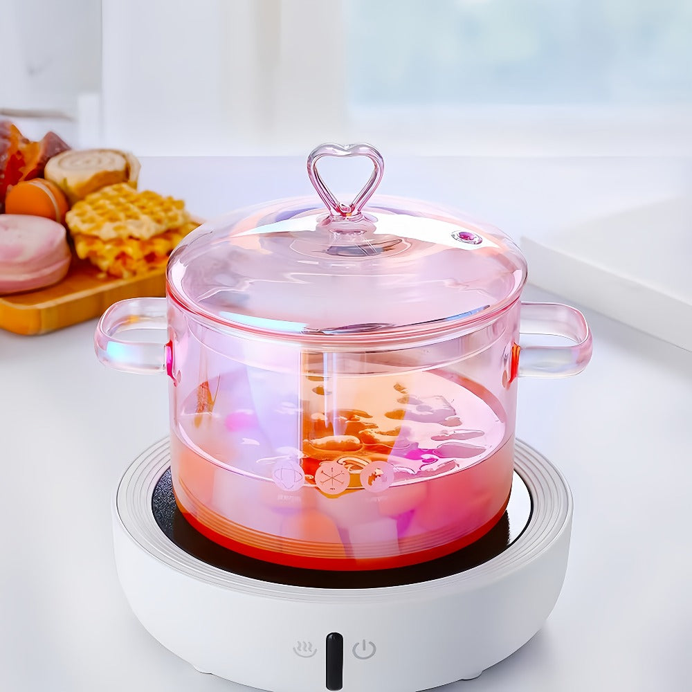 Glass Cooking Pot Cookware with 1500ml Capacity, Heart-Shaped Lid and Transparent Pink Body