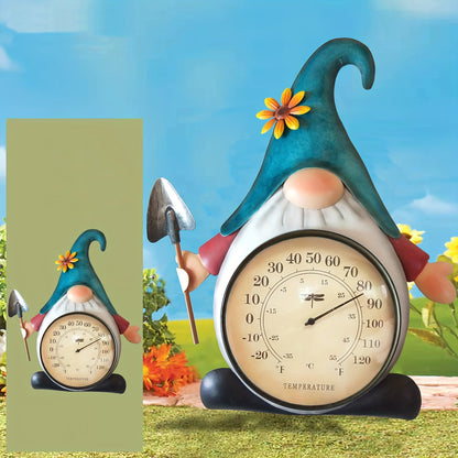 Metal Gnome Analog Thermometer Wall Decor with Teal Hat, Flower Accent and Round Temperature Dial