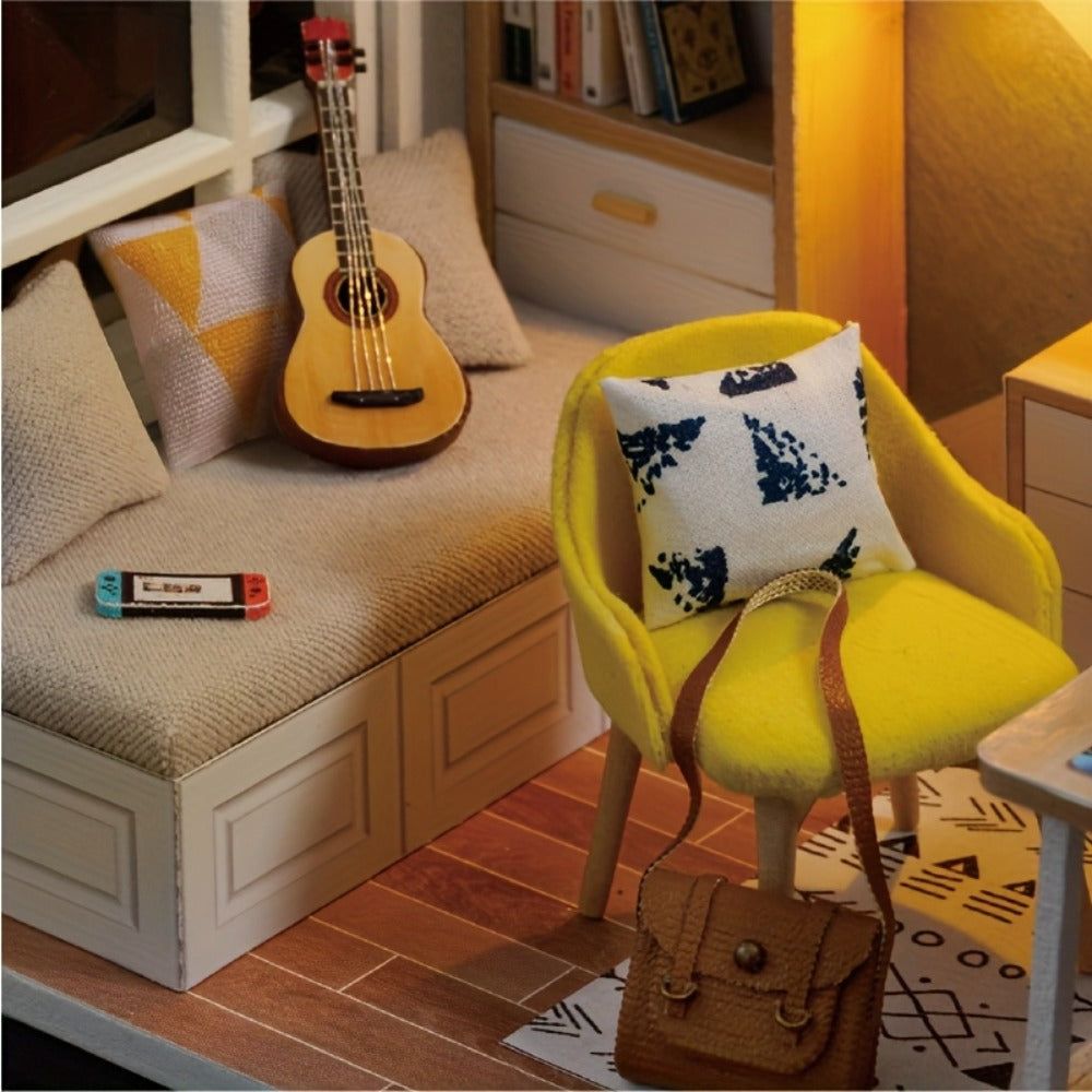 Sunshine Study DIY Miniature Room Kit with Desk, Sofa, Guitar and Clear Display Cover for Adult Shelf Decor