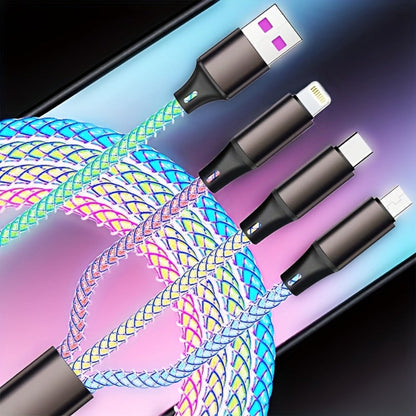 RGB-Lit Braided Charging Cable with USB-A Input and Lightning, USB-C and Micro USB Connector Ends