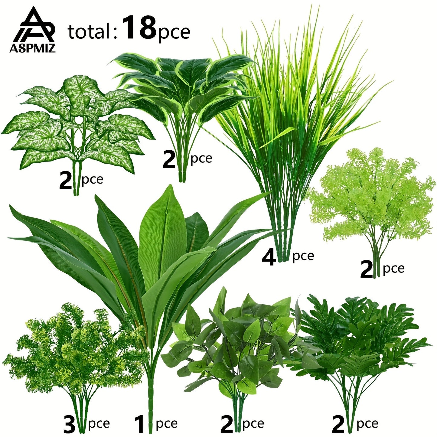 Artificial Boxwood and Greenery Stems, 18-Piece Mixed Set in 11.8 to 17.7-Inch Heights without Planter