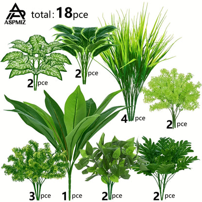 Artificial Boxwood and Greenery Stems, 18-Piece Mixed Set in 11.8 to 17.7-Inch Heights without Planter