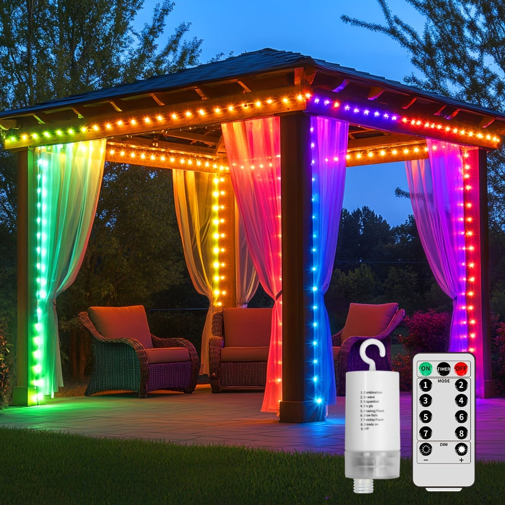 String Lights, 330-LED Waterfall Curtain Panel with Battery Power, Remote, Eight Modes and Three Colors