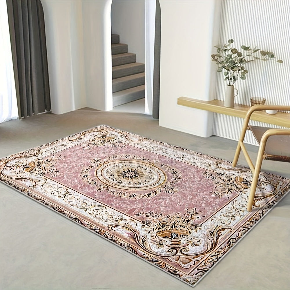 Area Rug 852 GSM Velvet Floral Check Design with Low Pile and Five Machine-Washable Room Sizes