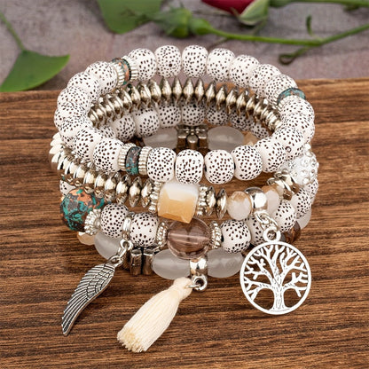 Bracelet Set, 24-Piece Assorted Wood-Bead Elastic Stack with Tassels and Pendant-Style Accents