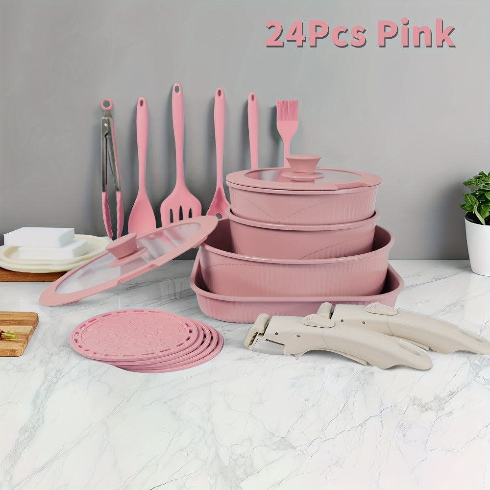 Detachable-Handle Cookware Set in 5-, 7- or 24-Piece Configurations with Stackable Pots, Pans and Lids