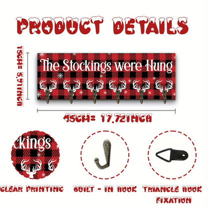Christmas Stocking Wall Rack with Six Hooks, Red Plaid Sign and The Stockings Were Hung Text