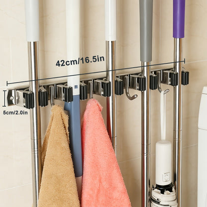 Mop and Broom Holder Wall Mount – Stainless Steel Heavy Duty Self Adhesive Rack with 5 Slots & 4 Hooks, No-Drill Storage Organizer for Kitchen Garage Laundry Garden Home