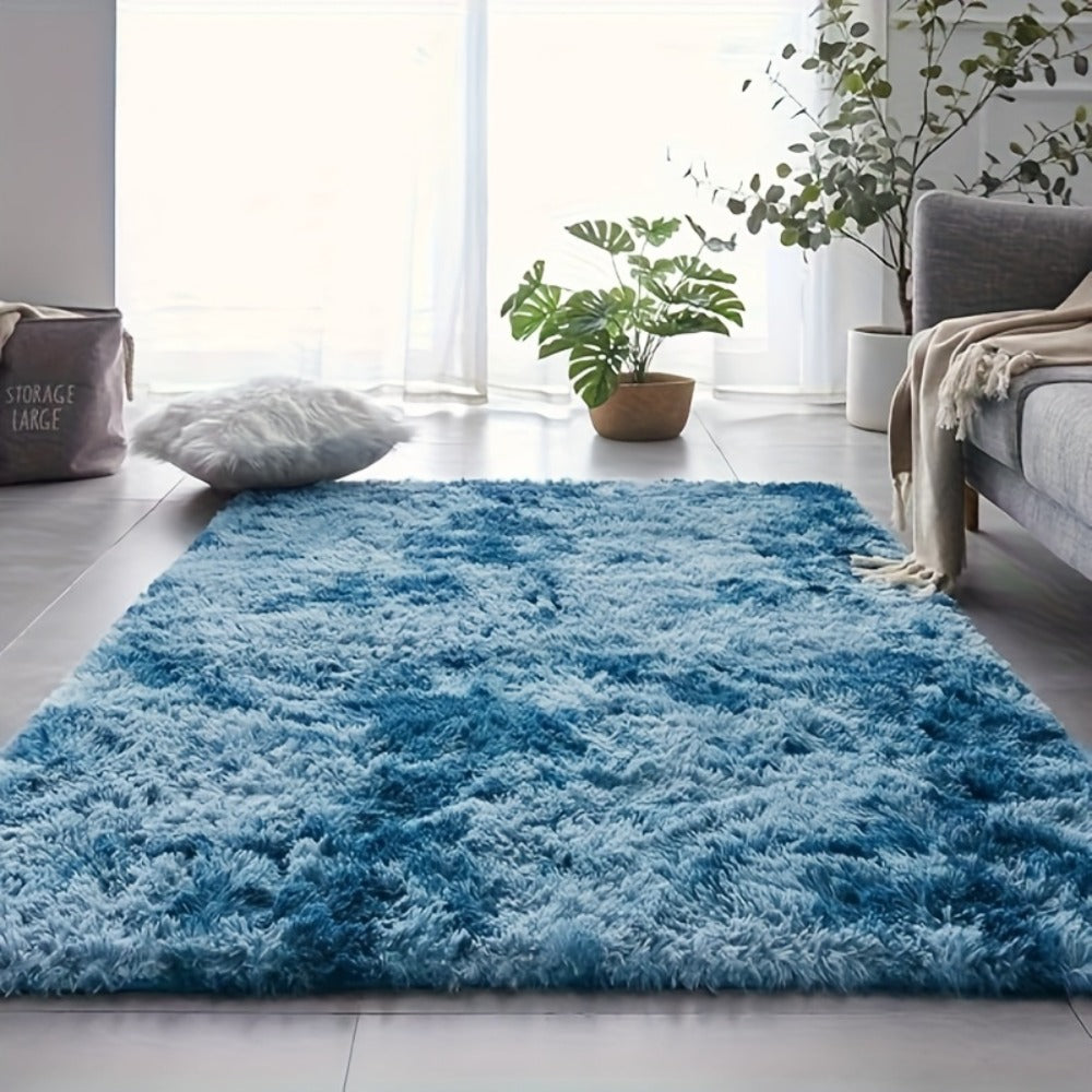 Area Rug Fluffy Faux-Fur Shag in Solid, Tie-Dye and Ombre Colors with Six Retained Room Sizes