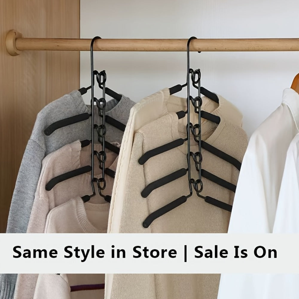 Five-Tier Cascading Clothes Hanger Organizers with Padded Arms in a Two-Piece Black Set for Closets