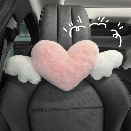 Car Headrest Neck Pillow Heart Shape with Angel Wings – Cute Plush Lumbar Cushion & Seat Back Pillow, Car Interior Decor Accessory, Gift for Women