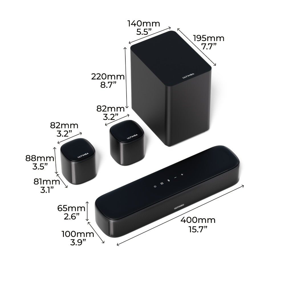 5.1 Surround Sound Bar System with Wired Subwoofer 2 Surround Speakers App Control SurroundX Technology 6 EQ Modes Optical AUX Home Theater TV Soundbar for Smart TV