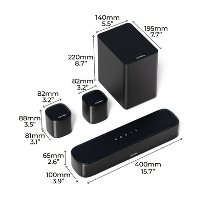 5.1 Surround Sound Bar System with Wired Subwoofer 2 Surround Speakers App Control SurroundX Technology 6 EQ Modes Optical AUX Home Theater TV Soundbar for Smart TV