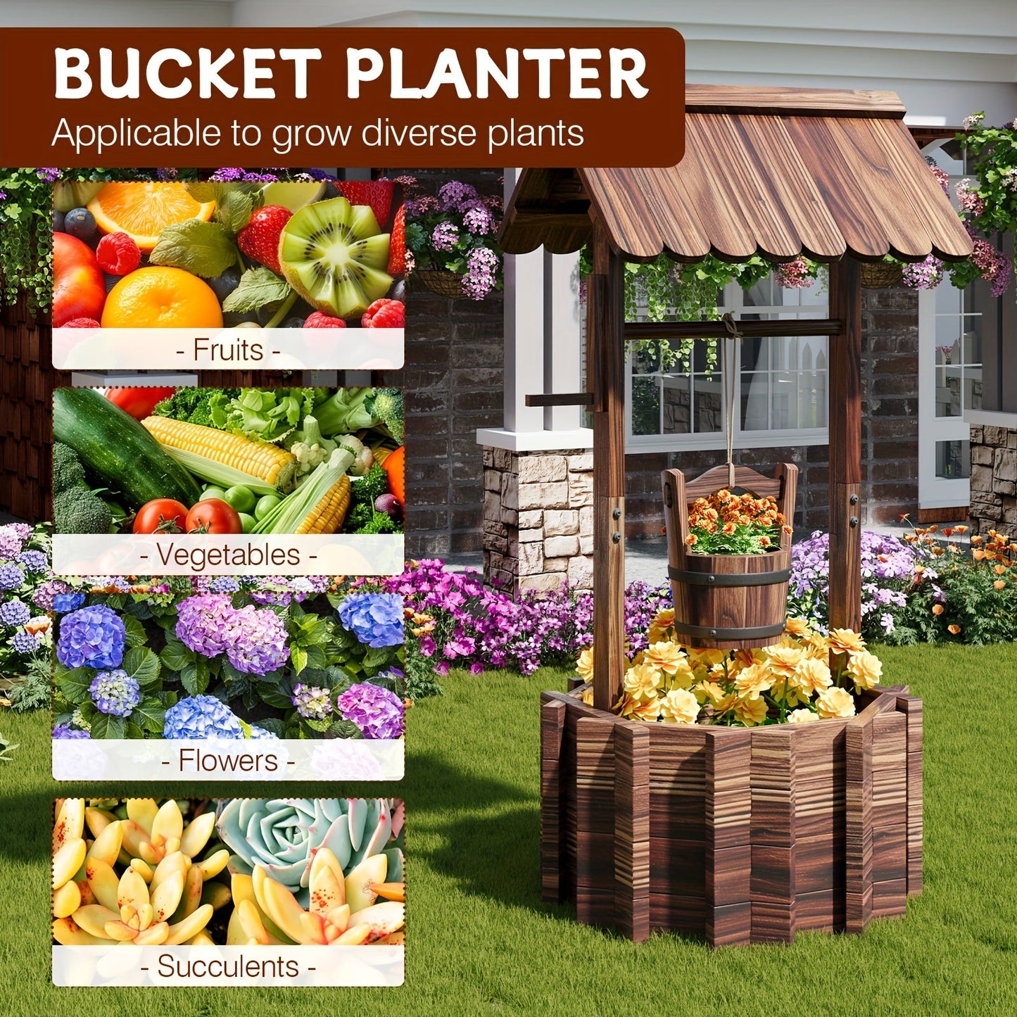 Wood Wishing-Well Garden Planter with Roof, Hanging Bucket, Octagonal Bed and Two Source Size Labels