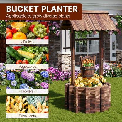 Wood Wishing-Well Garden Planter with Roof, Hanging Bucket, Octagonal Bed and Two Source Size Labels
