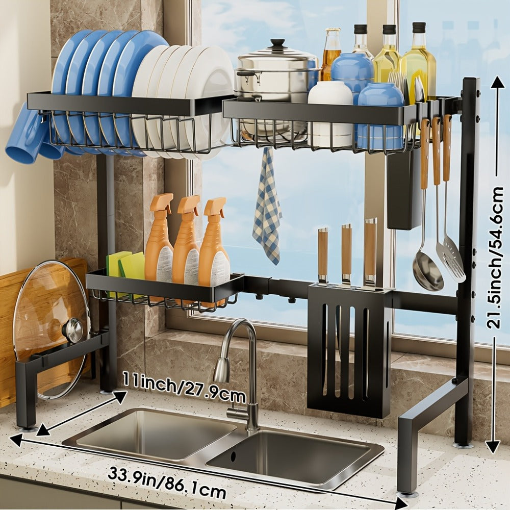Over-Sink Dish Drying Rack Kitchen Organizer, 30-33.9-Inch Two-Tier Frame with Seven Removable Accessories