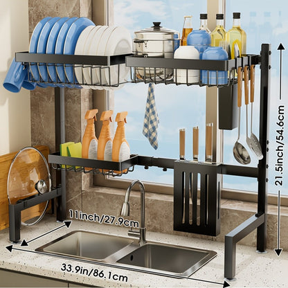 Over-Sink Dish Drying Rack Kitchen Organizer, 30-33.9-Inch Two-Tier Frame with Seven Removable Accessories