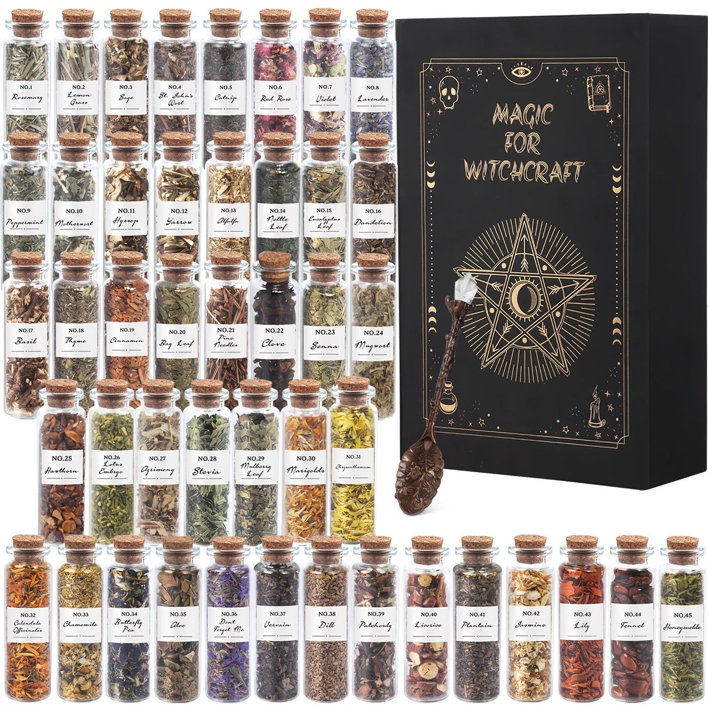 Dried Herbs Kit 45 Bottles with Crystal Spoon – Altar Supplies Herb Set for Wicca, Pagan Magic, Incense Spells & Bath Rituals – Beginner Witchcraft Starter Kit, Unique Gift for Mother's Day, Graduation & Weddings