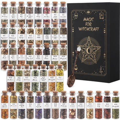 Dried Herbs Kit 45 Bottles with Crystal Spoon – Altar Supplies Herb Set for Wicca, Pagan Magic, Incense Spells & Bath Rituals – Beginner Witchcraft Starter Kit, Unique Gift for Mother's Day, Graduation & Weddings