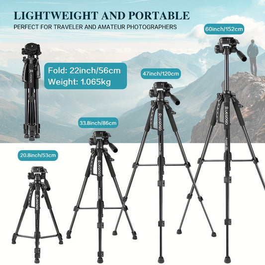 Camera Tripod 5ft Heavy Duty for DSLR & Mirrorless with Phone Holder & Storage Bag – Portable Professional Video Stand for Photography, Vlogging, Streaming, YouTube & Travel