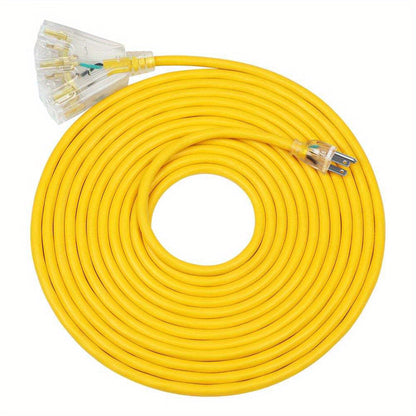 Yellow 25-Foot 14/3 Extension Cord with Three-Outlet Lighted Tri-Tap, 15A 125V and 1875W Label