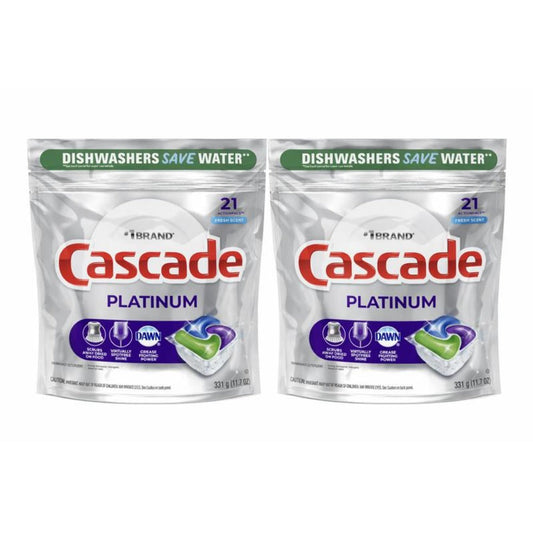 Dishwasher Pods Cascade Platinum 2 Pack – Action Pacs Detergent Tabs with Rinse Aid & Shine Booster, Fresh Scent, 21 Count per Pack